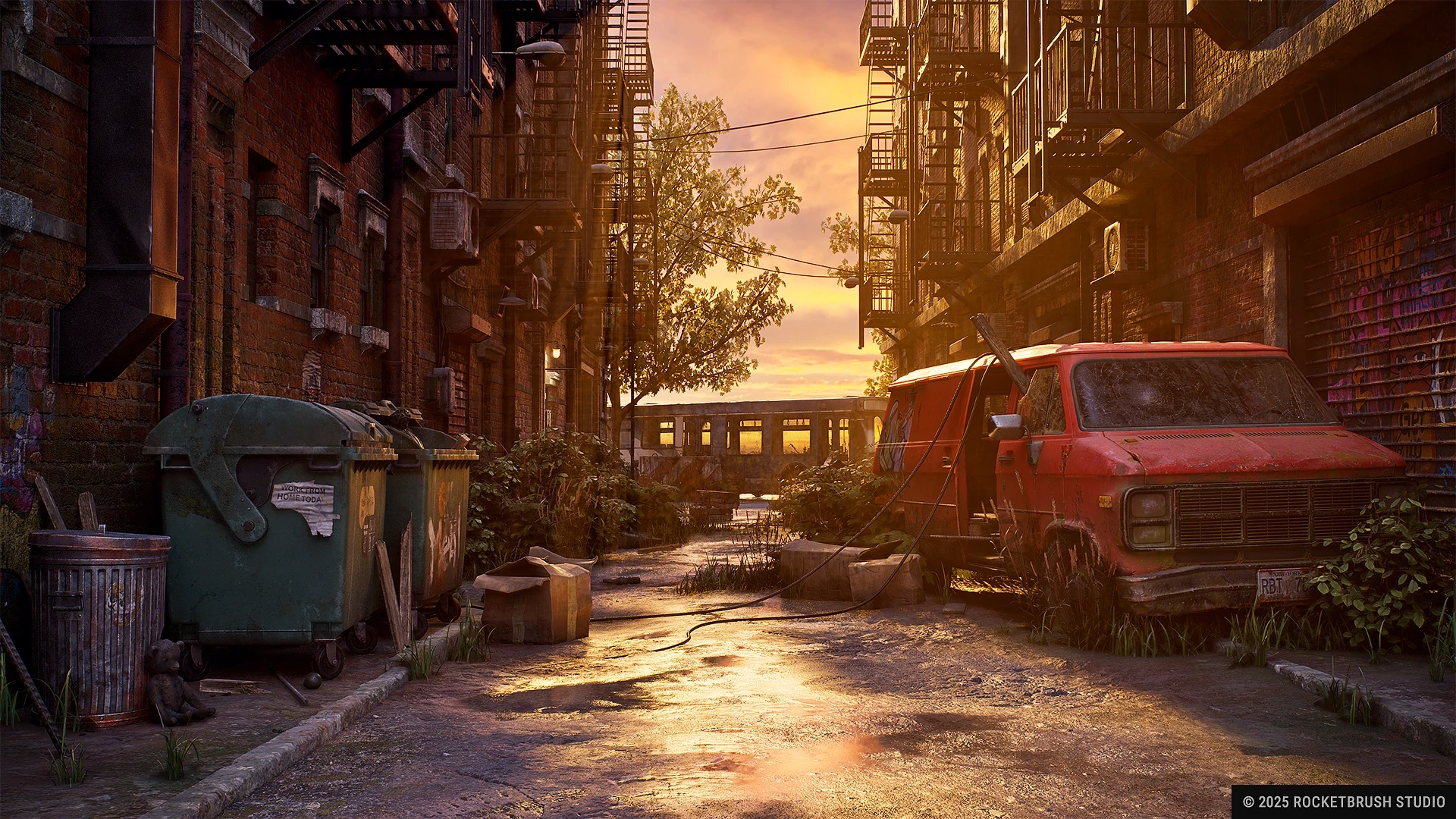3D game environment design scene showing a post-apocalyptic New York alley with a red van, brick buildings, debris and sunset lighting.