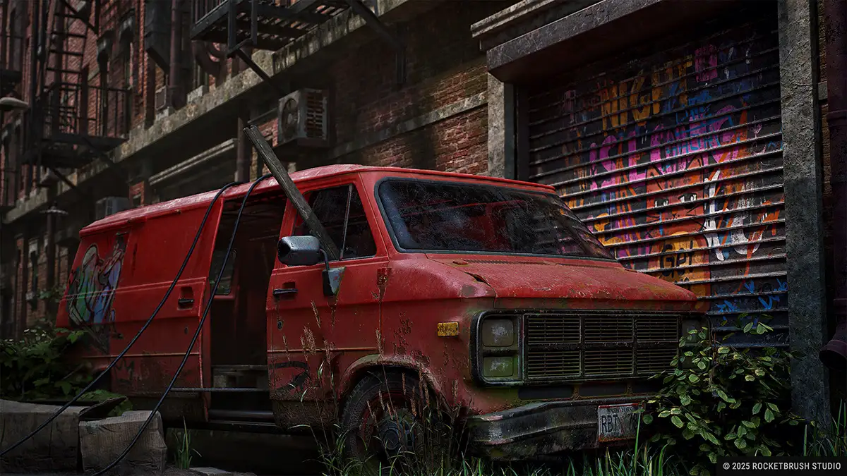 Realistic 3D environment art featuring hard-surface vehicle modeling, PBR texturing, urban decay, vegetation integration, and atmospheric scene design for games and cinematic projects.
