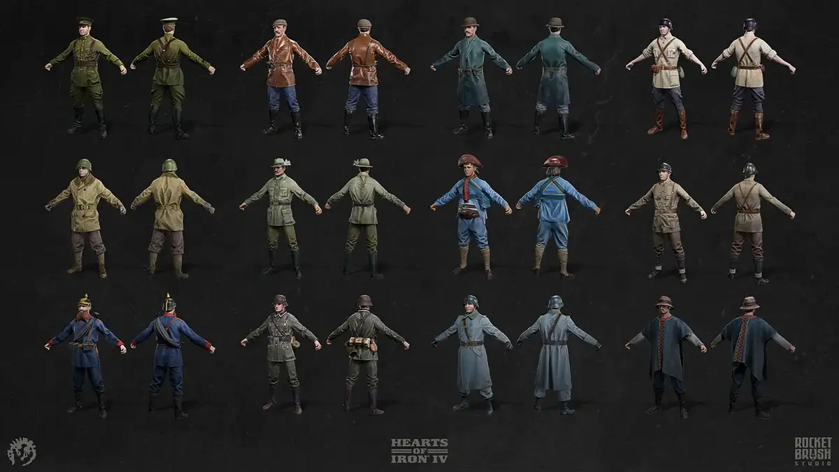 3D soldiers and officers in authentic historical military uniforms, realistic materials, and detailed costume design created by RocketBrush Studio for Hearts of Iron IV.