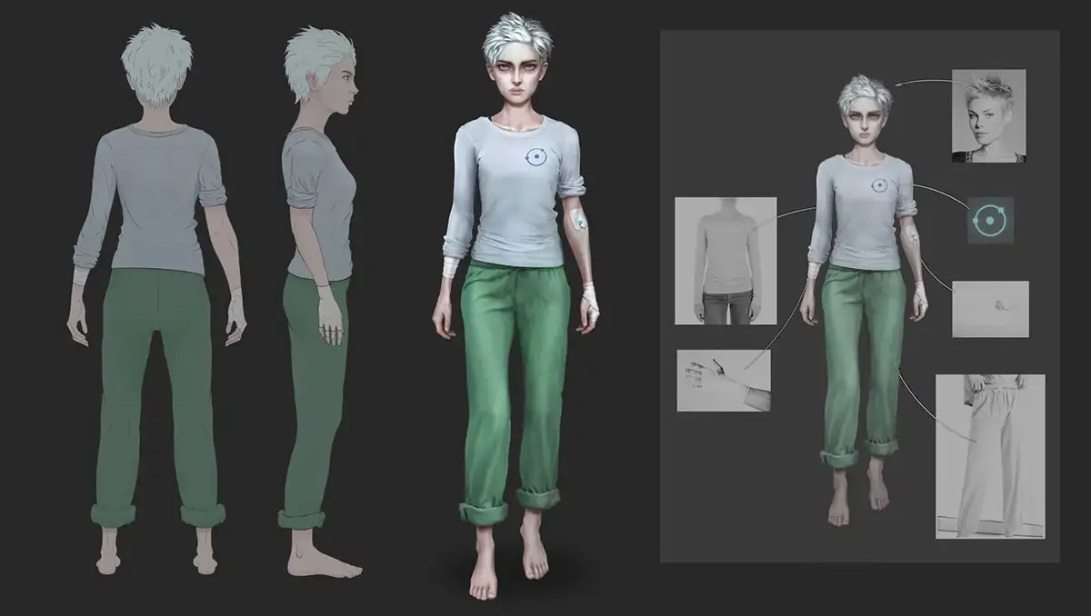Character turnaround concept art showing a stylized female game character from front, side, and back views with costume and design references. 