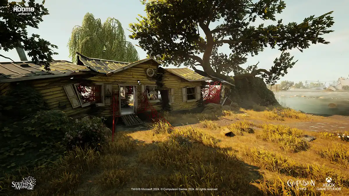 3D game environment featuring an abandoned lakeside house with overgrown vegetation, large trees, and atmospheric lighting in South of Midnight.