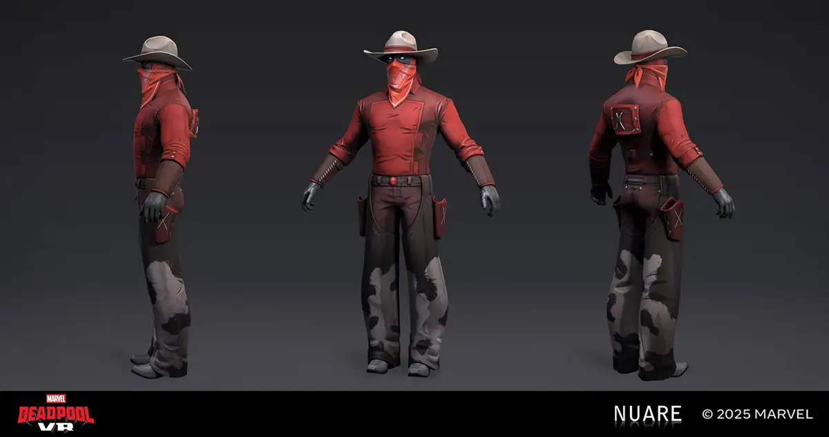3D character turnaround of a masked cowboy outlaw in red clothing, shown from front, side, and back views for Marvel's Deadpool VR.