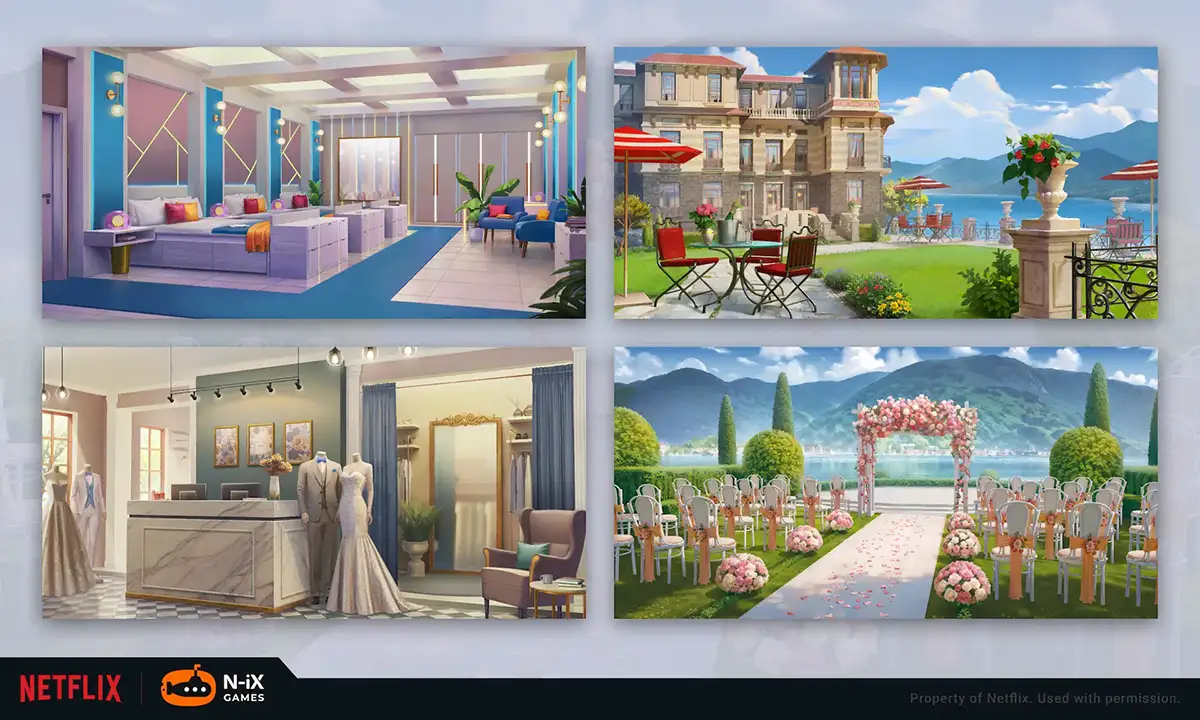 Four stylized game environments showing a modern bedroom, lakeside villa, bridal shop, and outdoor wedding venue with mountains in the background. 