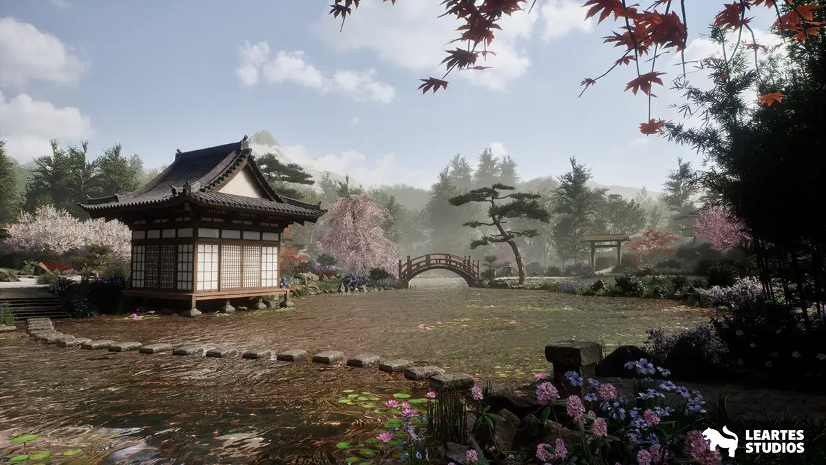 Realistic 3D environment art depicting a Japanese garden and atmospheric landscape for game development.
