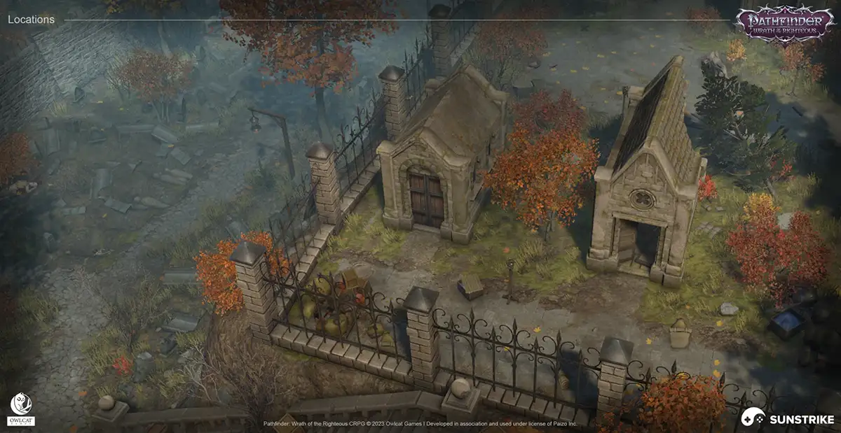 Isometric environment art created for Pathfinder: Wrath of the Righteous, showcasing a detailed cemetery location.