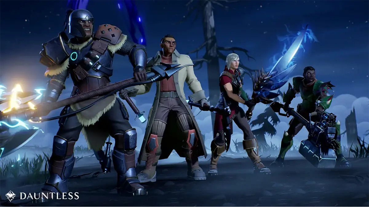 Promotional game art for Dauntless featuring a team of stylized fantasy characters with detailed armor, weapons, and visual effects. 