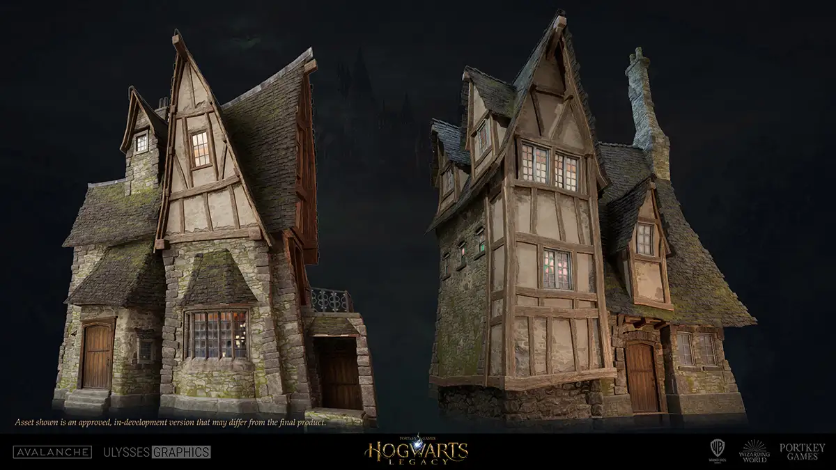 3D environment asset for Hogwarts Legacy showcasing a detailed medieval house with stylized architecture. 