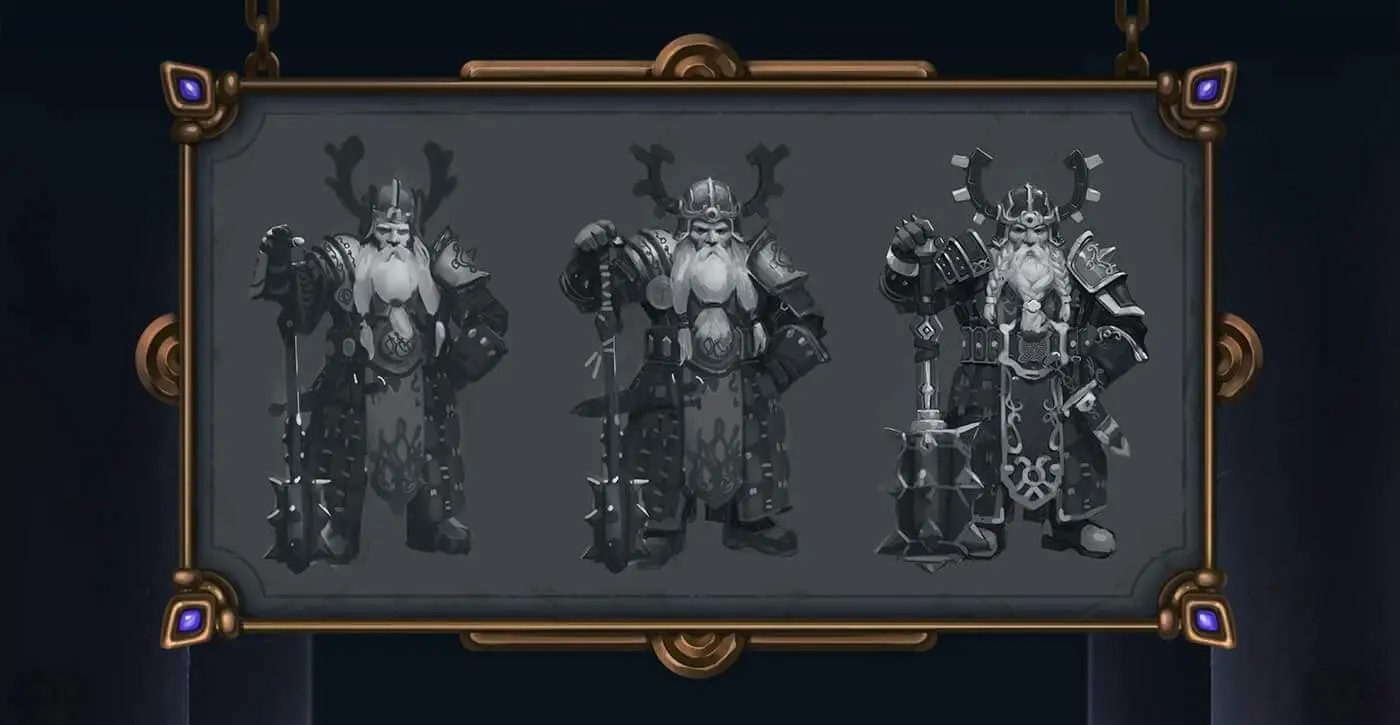 A grayscale image of a character on different stages of development, designed by RocketBrush