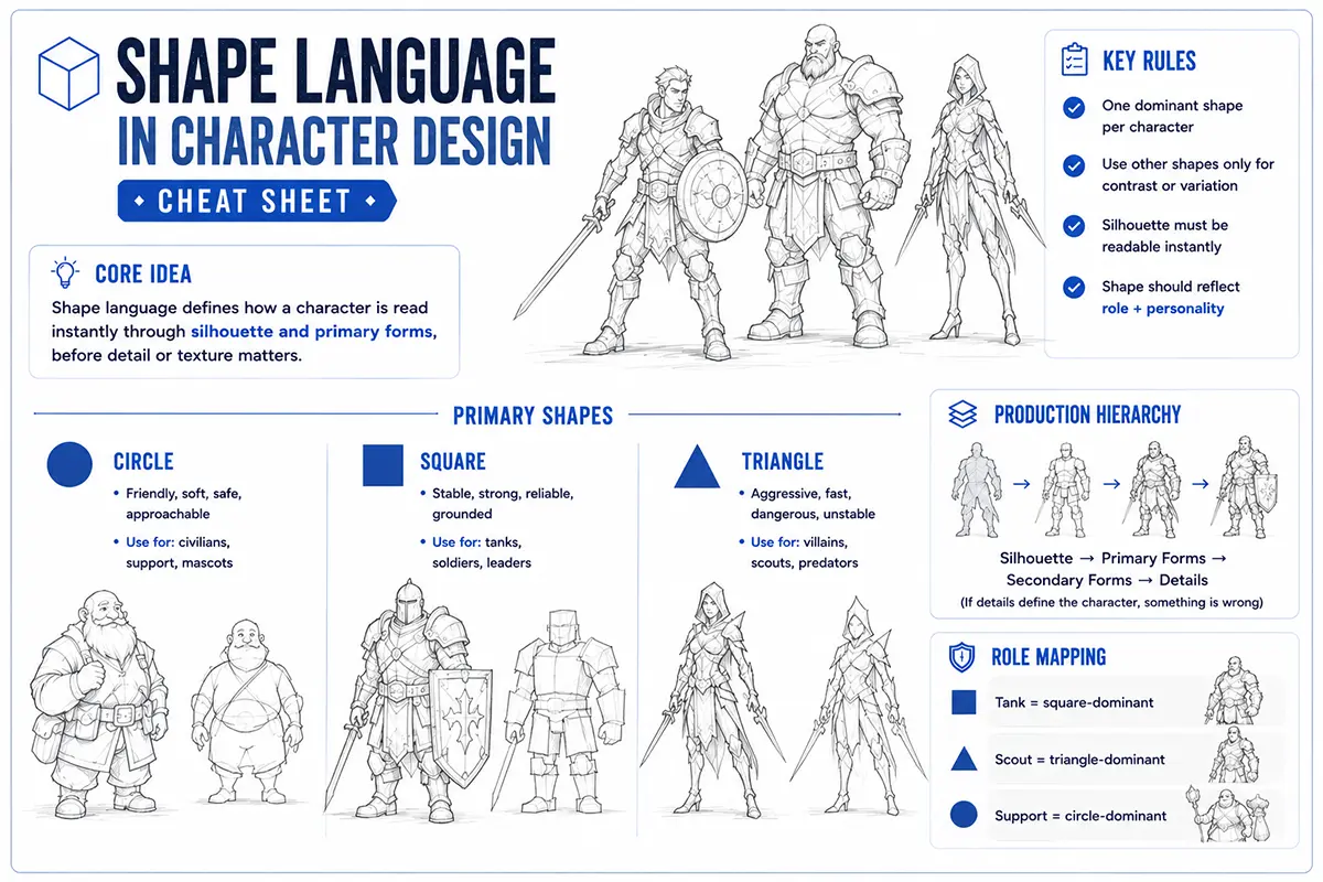 An infographic showing the most common uses for standard shapes in character design.