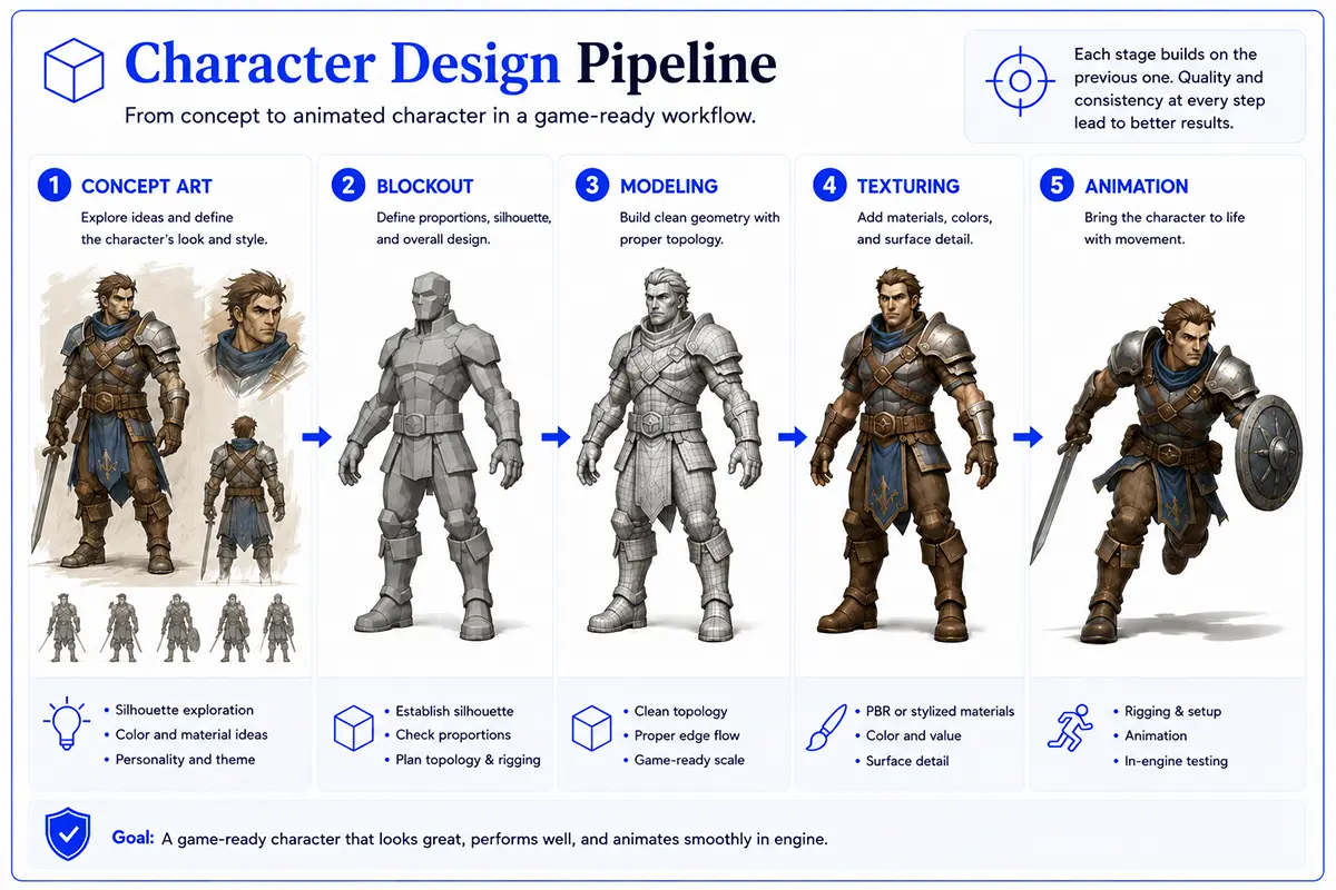 An infographic showing the standard production pipeline for character design