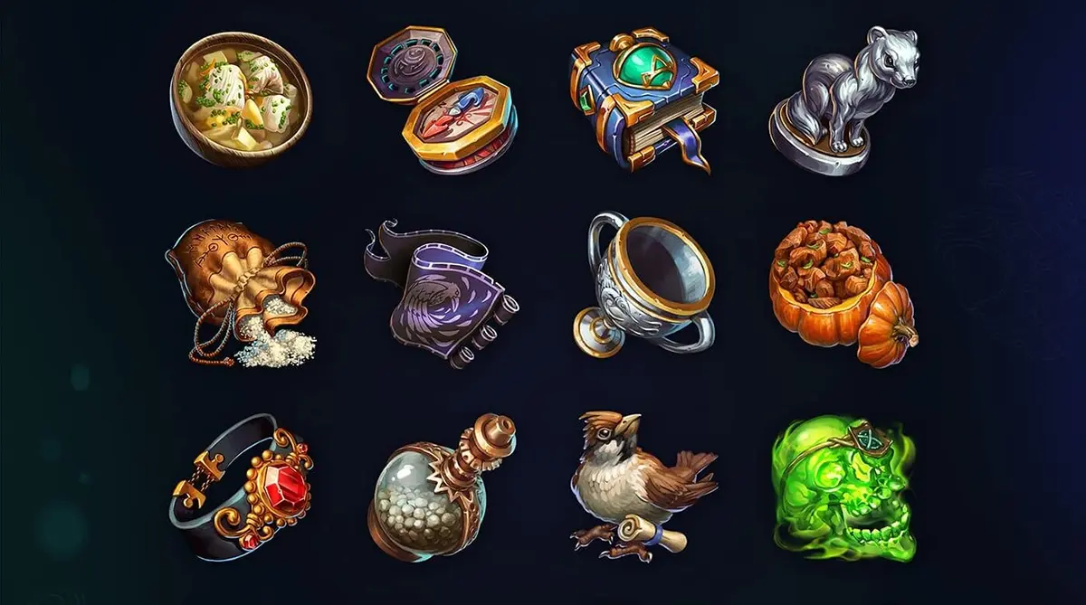 Stylized icons of 2D fantasy objects and creatures designed by RocketBrush. 