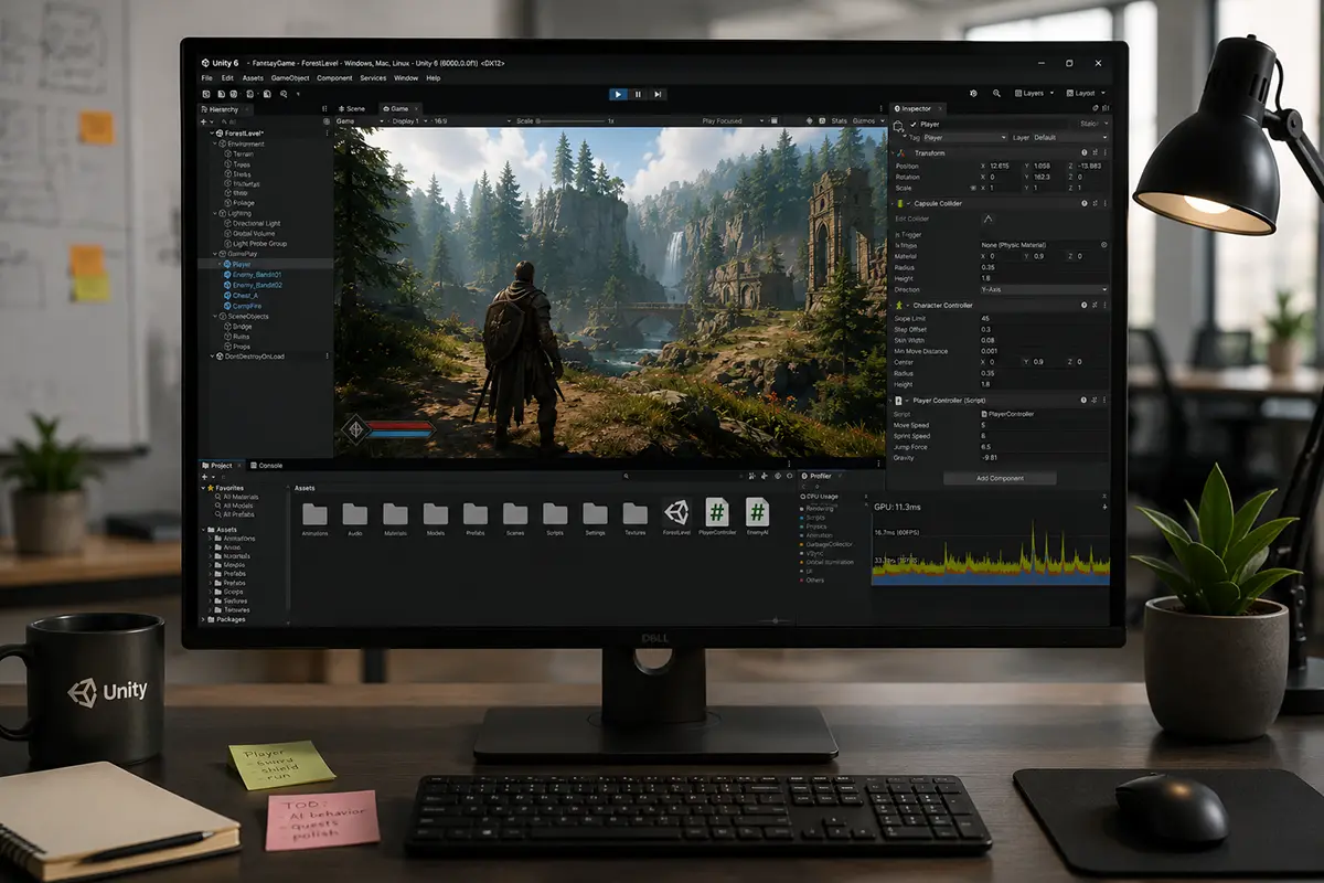 A game during production in-engine on a computer screen 