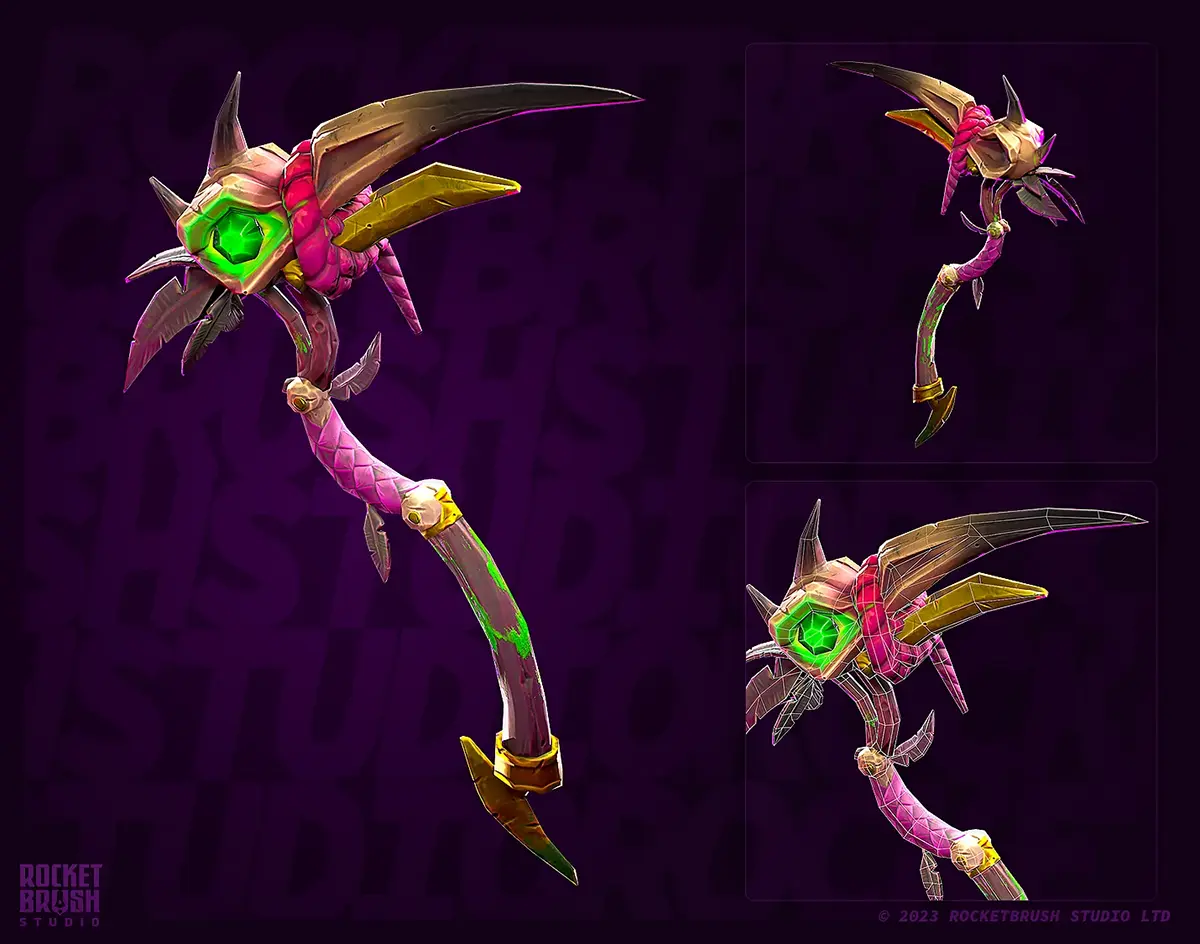 A 3D model of a bright and colorful game prop, with a distinct design – RocketBrush Studio. 
