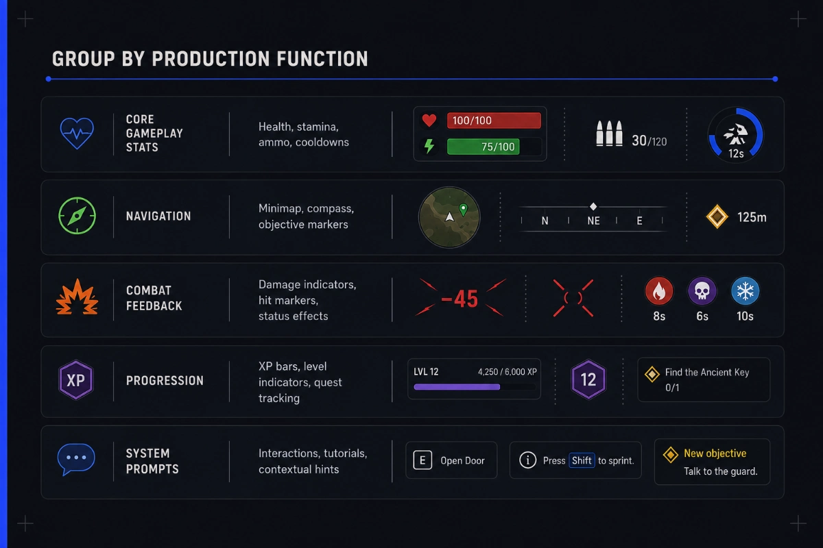 An infographic showcasing the most common elements of HUD in video games