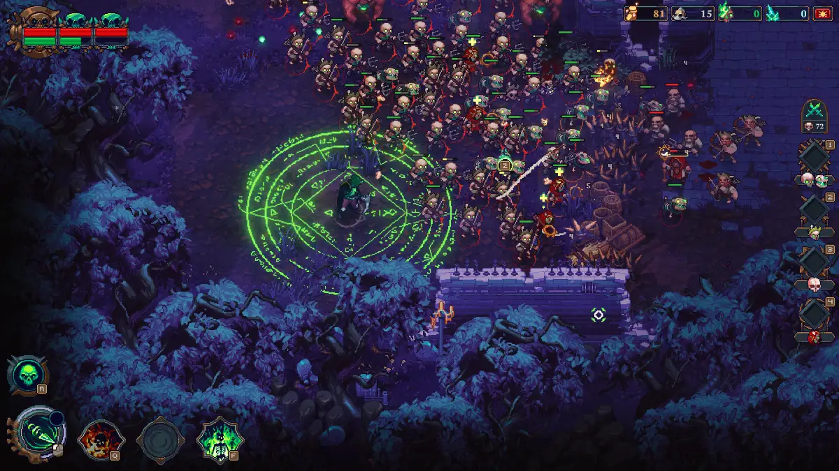 HUD in an action RPG game, including health, abilities, and resources. 