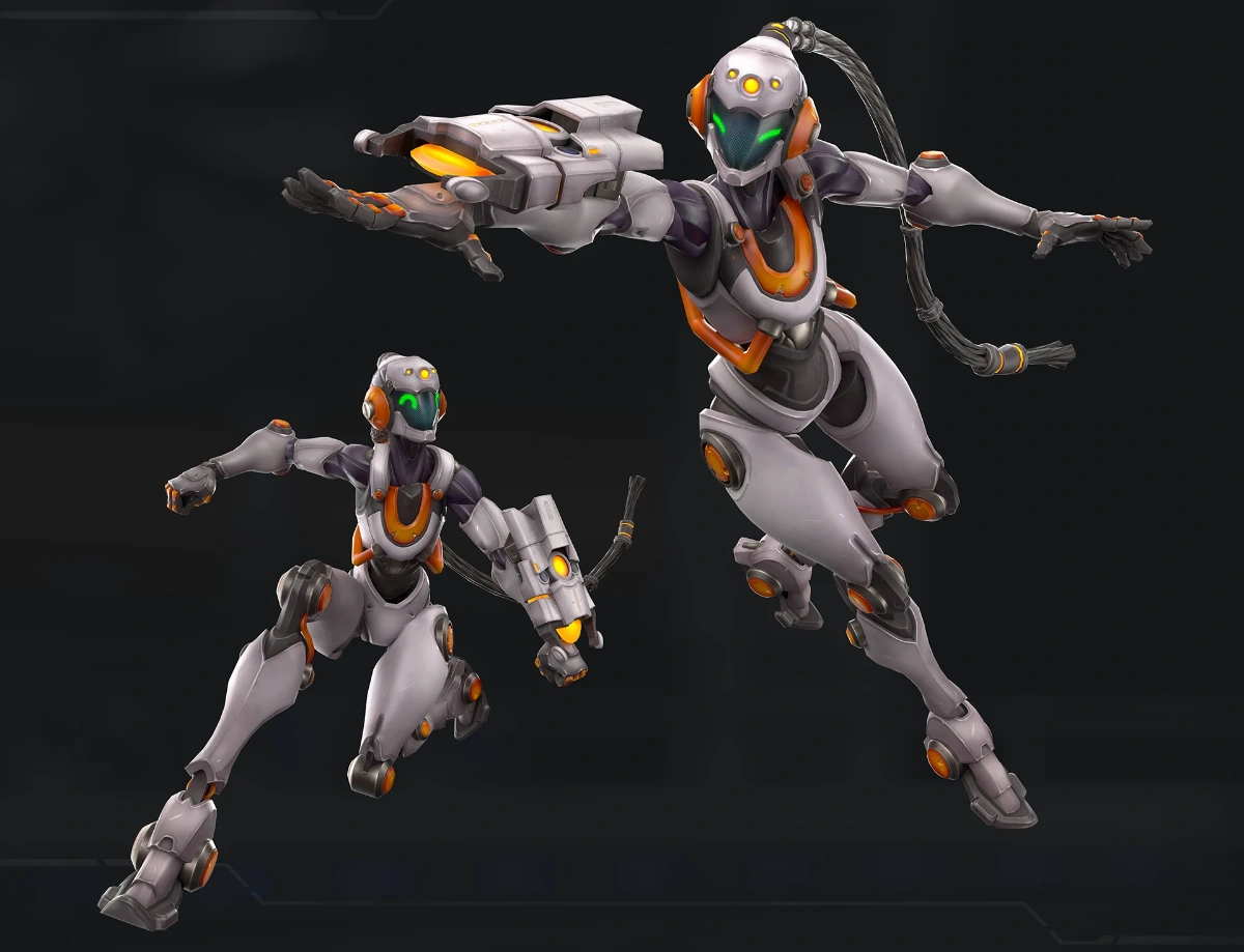 A 3D robotic character captured in motion. 