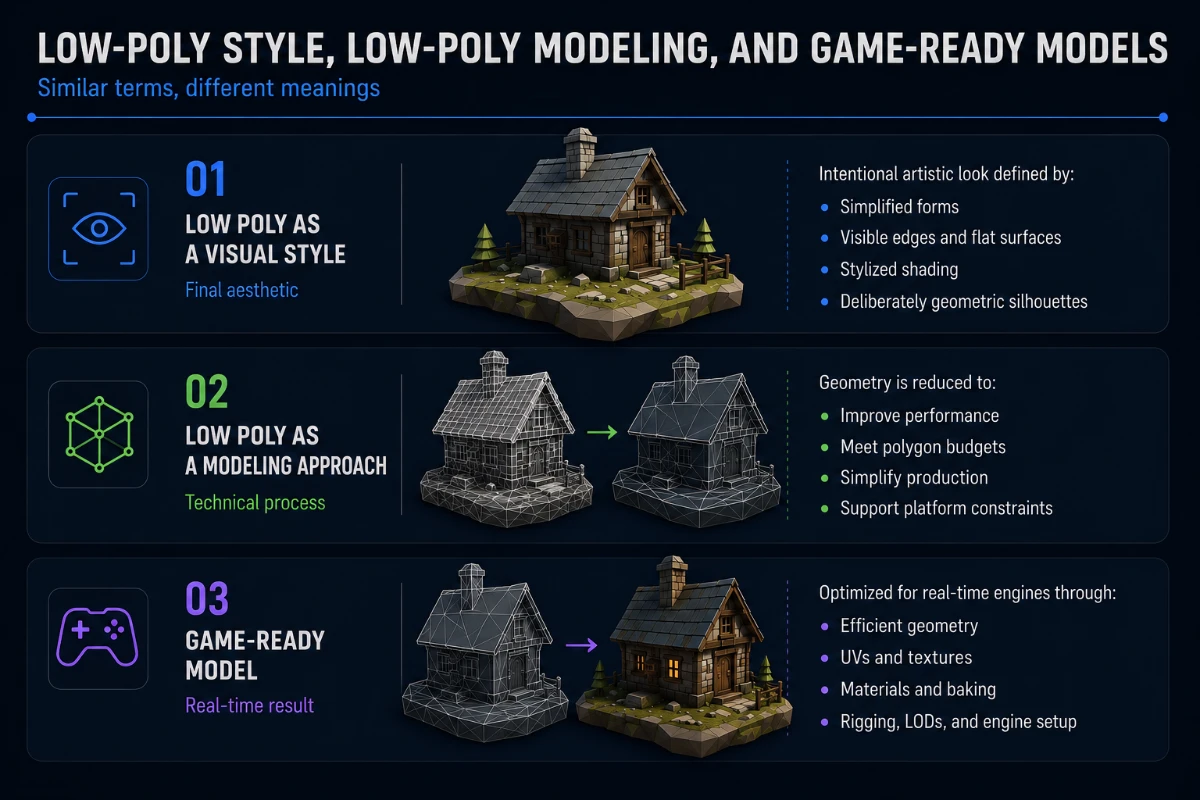 An infographic highlighting the three definitions of low poly.