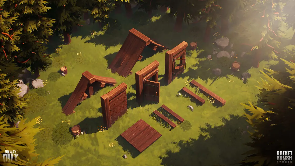 Walls, roofs, windows, and doors designed for a location in a survival game.
