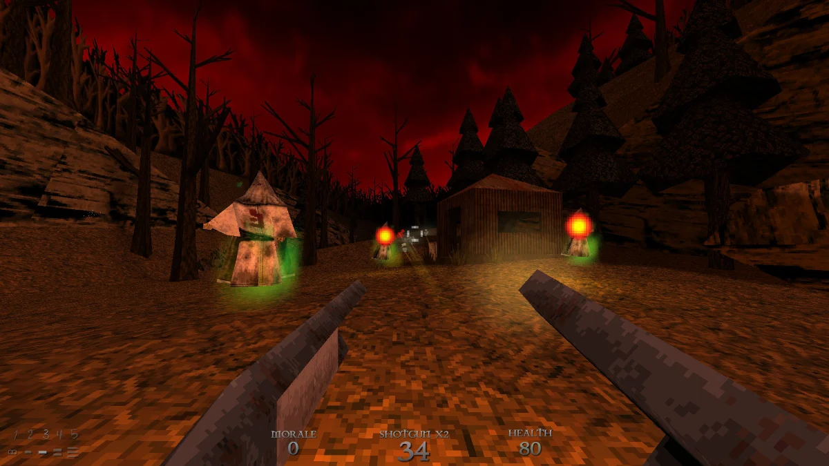 A still from the low-poly horror game title Dusk showing the simplified style.