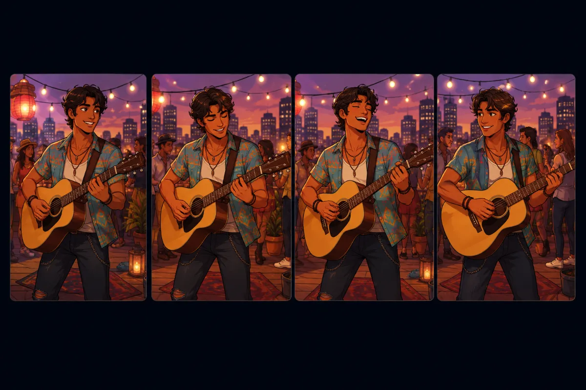 An overview of several similarly looking frames of a man playing guitar.