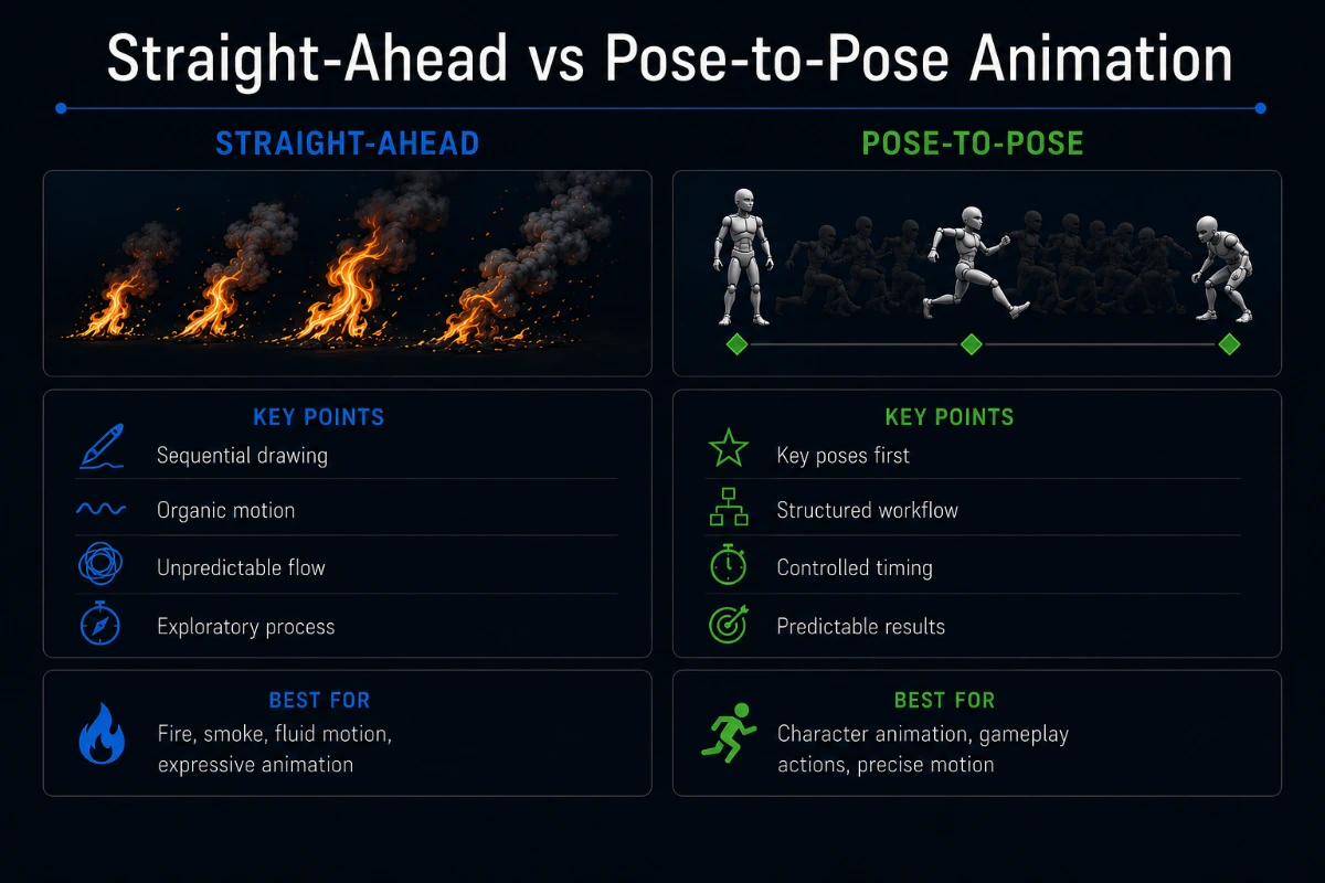 An infographic, showcasing the differences between straight-ahead and pose-to-pose animation.