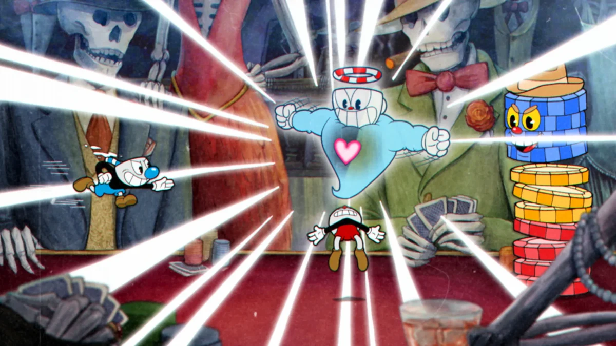 A still from the game Cuphead, fully animated in frame-by-frame technique.