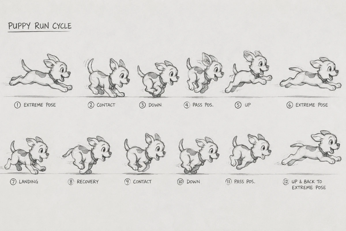 A series of sketches of a cartoon puppy running.