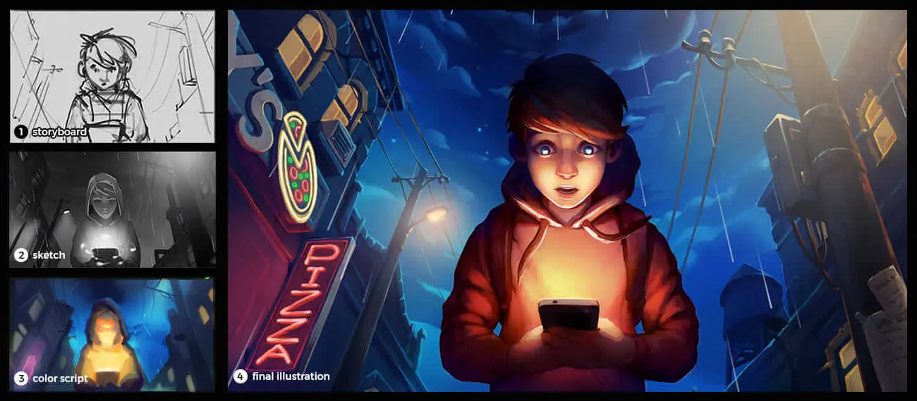 A pipeline from storyboard to sketch, color script, and final illustration for an animated 2D trailer.