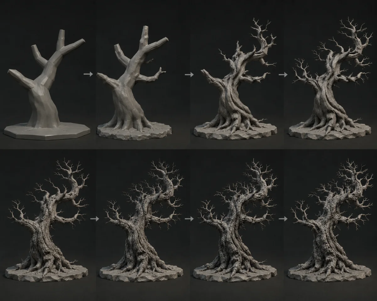 A 3D sculpted tree with a high level of detail. 