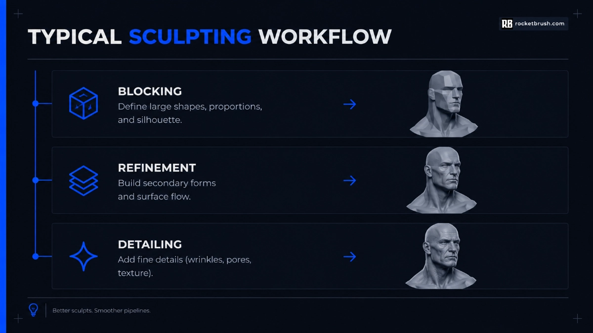 An infographic showing the workflow most commonly used for sculpting.