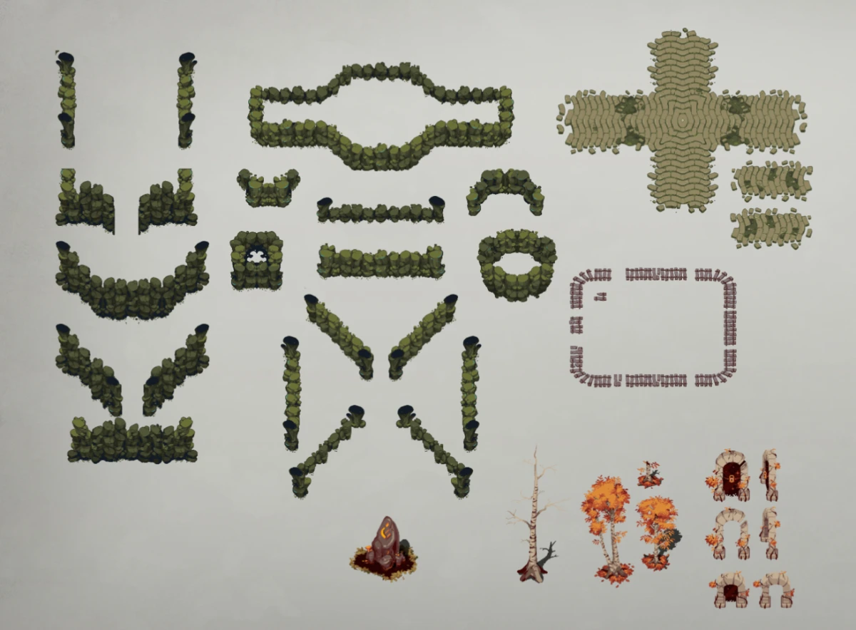 A showcase of elements, including sprites, used to create the world of the game.
