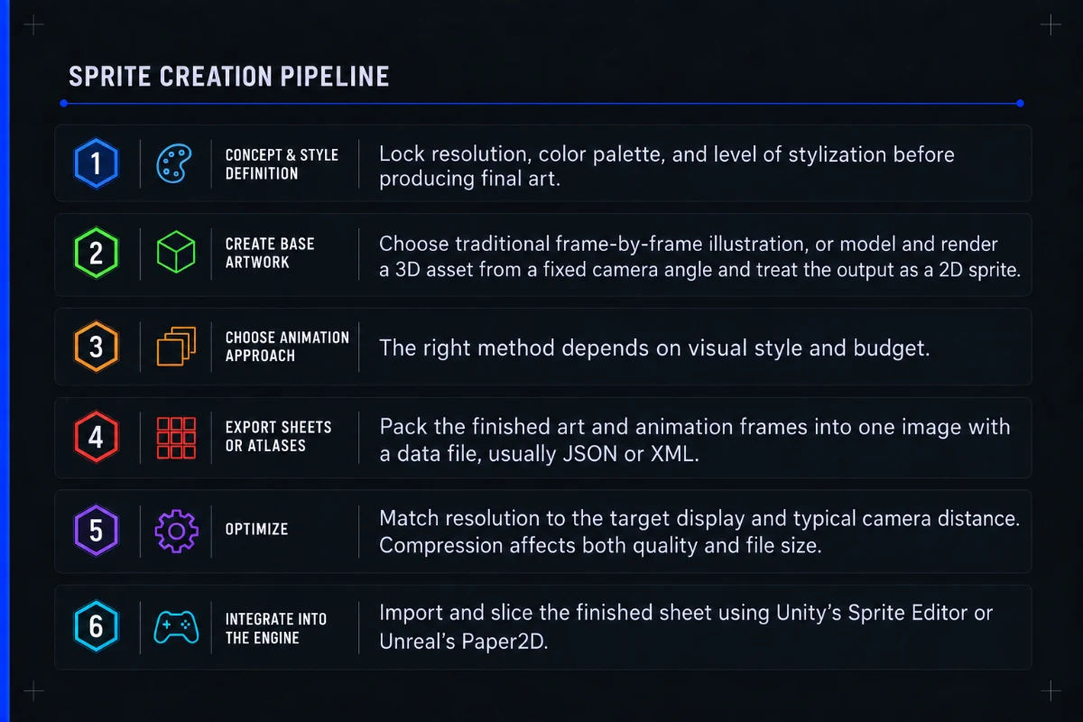 An infographic showing the process of creating and animating sprites.