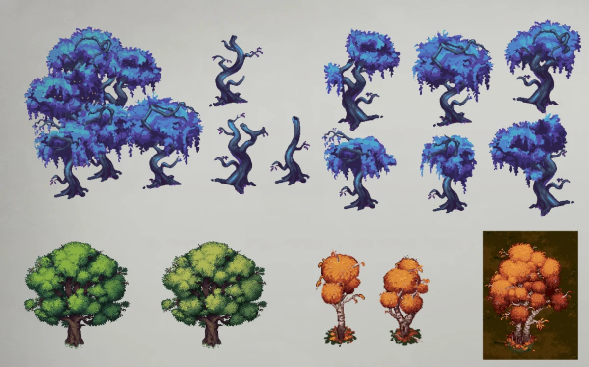 Trees designed in pixel art style for in-game environment.