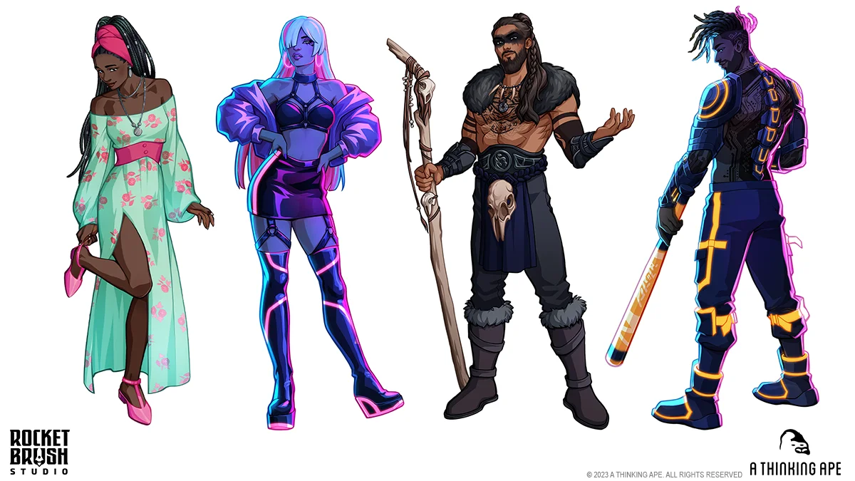 Four different 2D characters designed for a mobile game by the team at RocketBrush Studio.