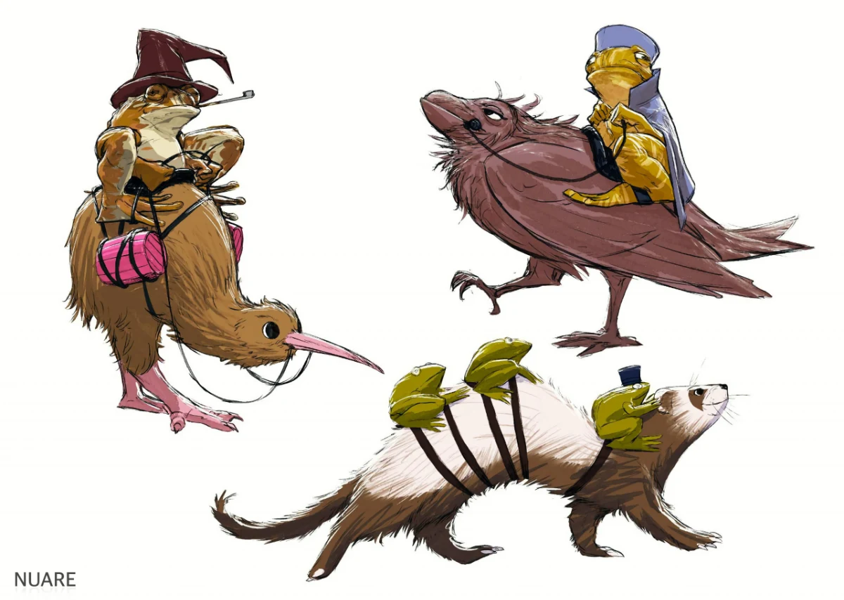 A collection of cartoon anthropomorphized animals designed in bright colors.