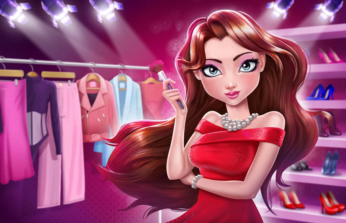 A game character and the bright colorful background for a mobile game.