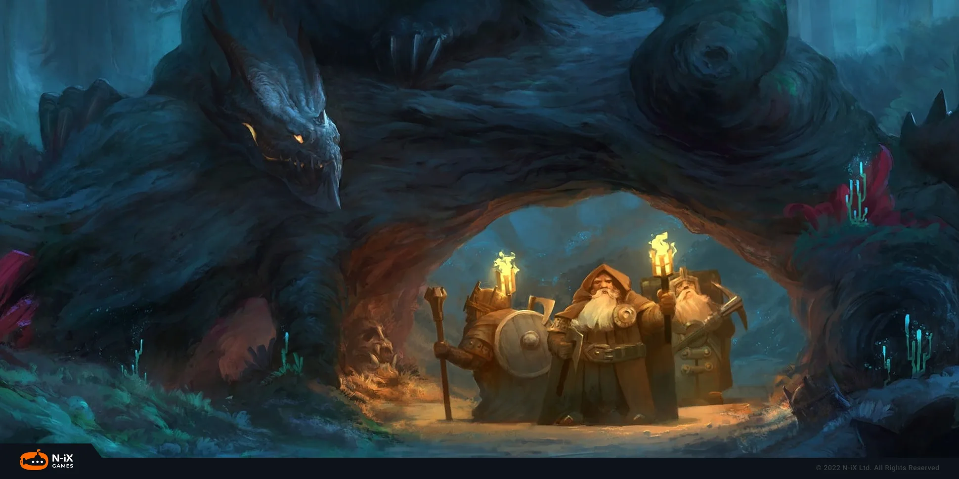 2D background and characters in dark tones and painterly style.