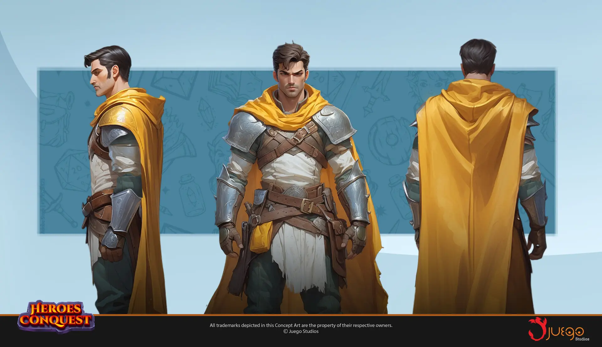 Three sides of a 2D character designed in painterly realistic style.
