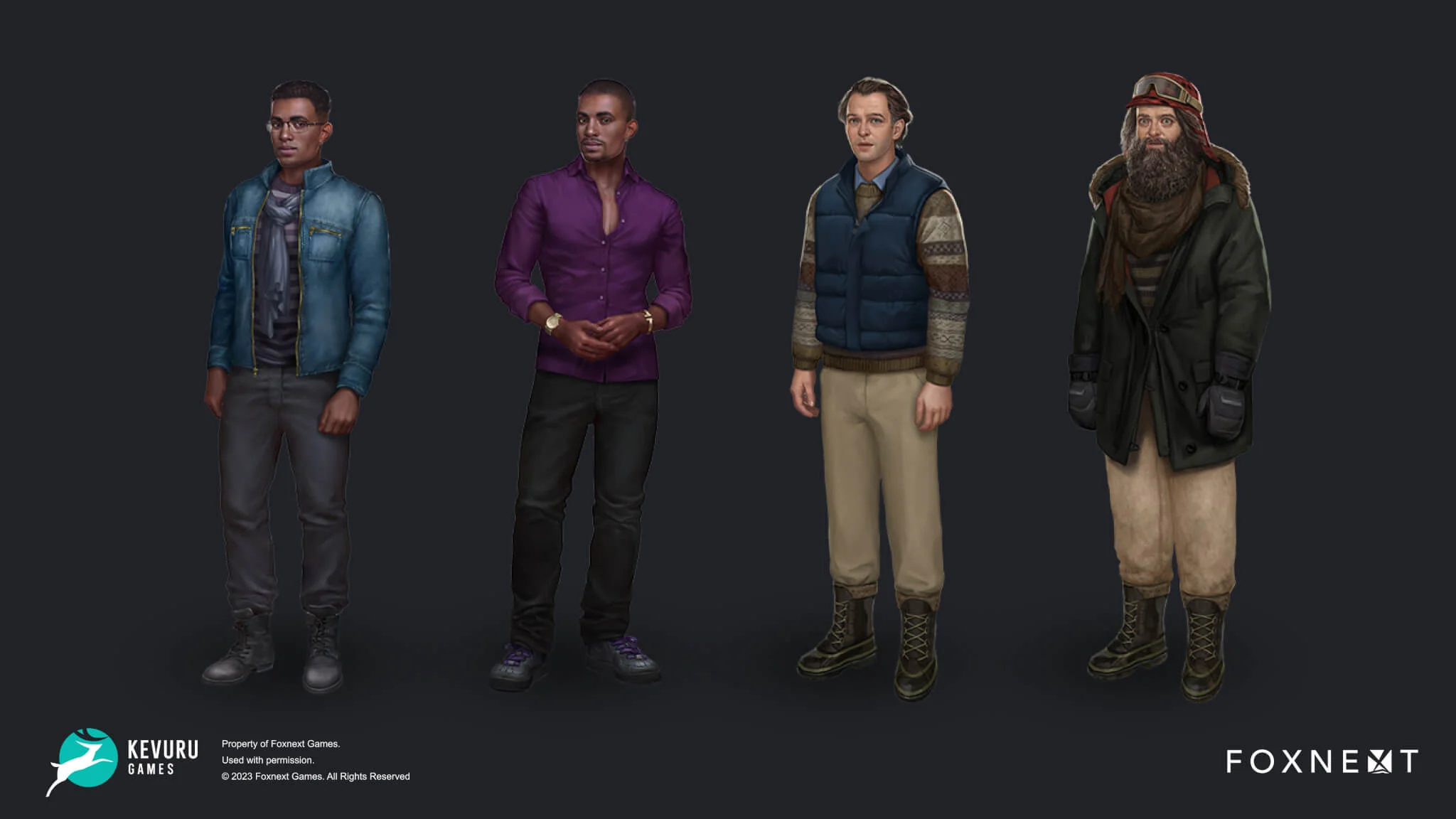 A detailed concept art of four different characters in realistic style.