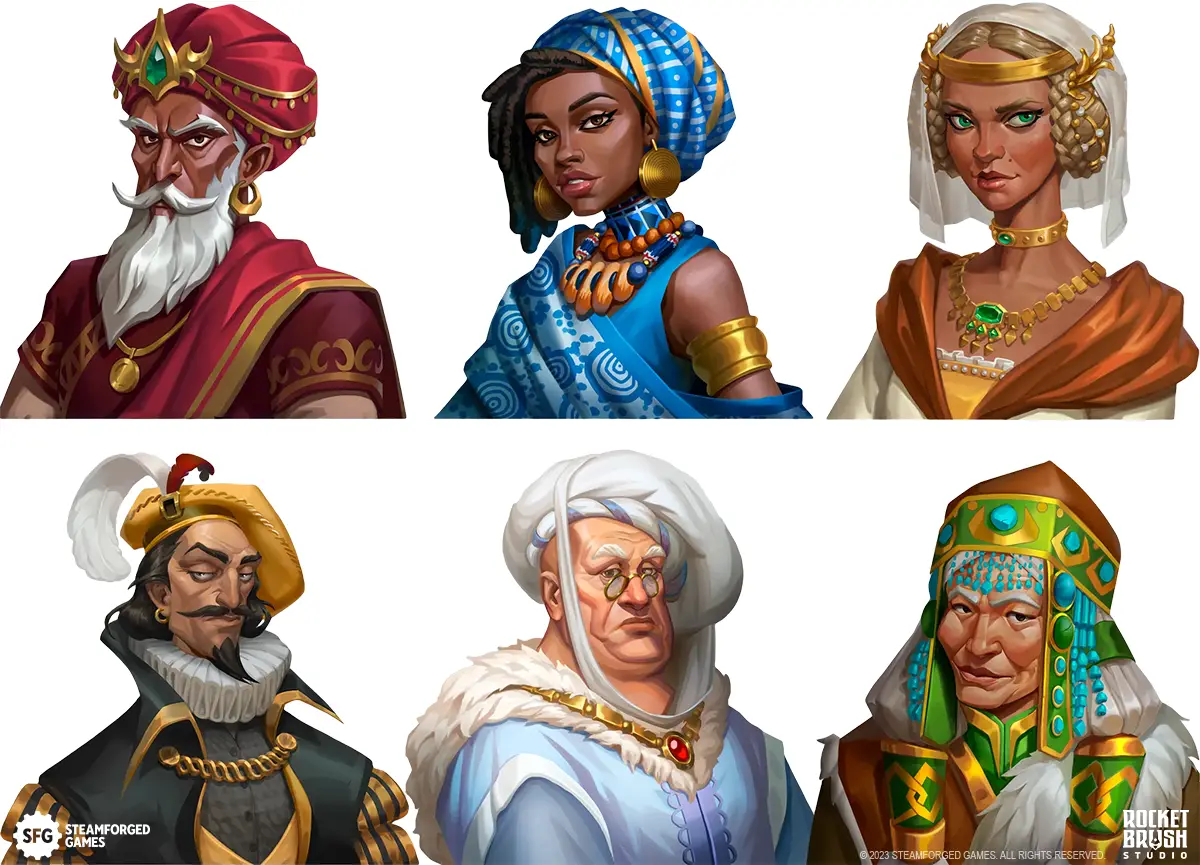 Six 2D stylized character portraits for a tabletop title.
