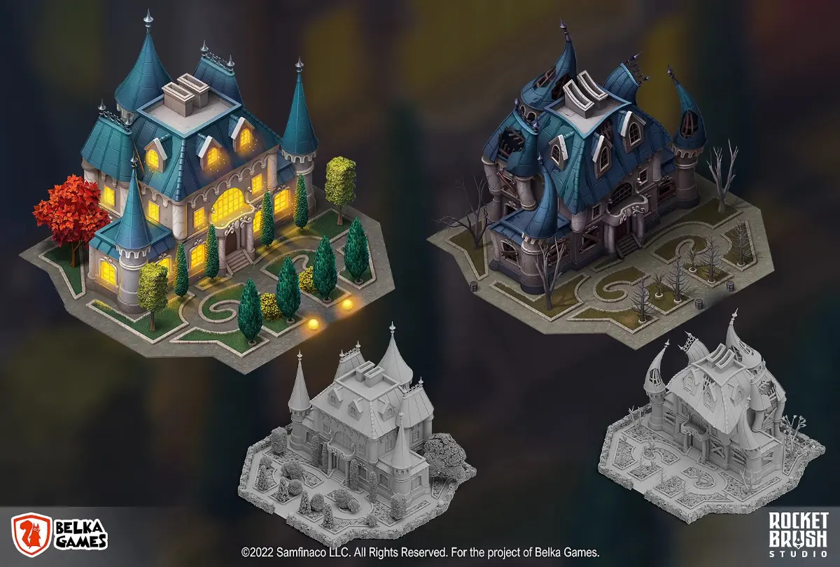 3D modeled buildings for a cozy game.