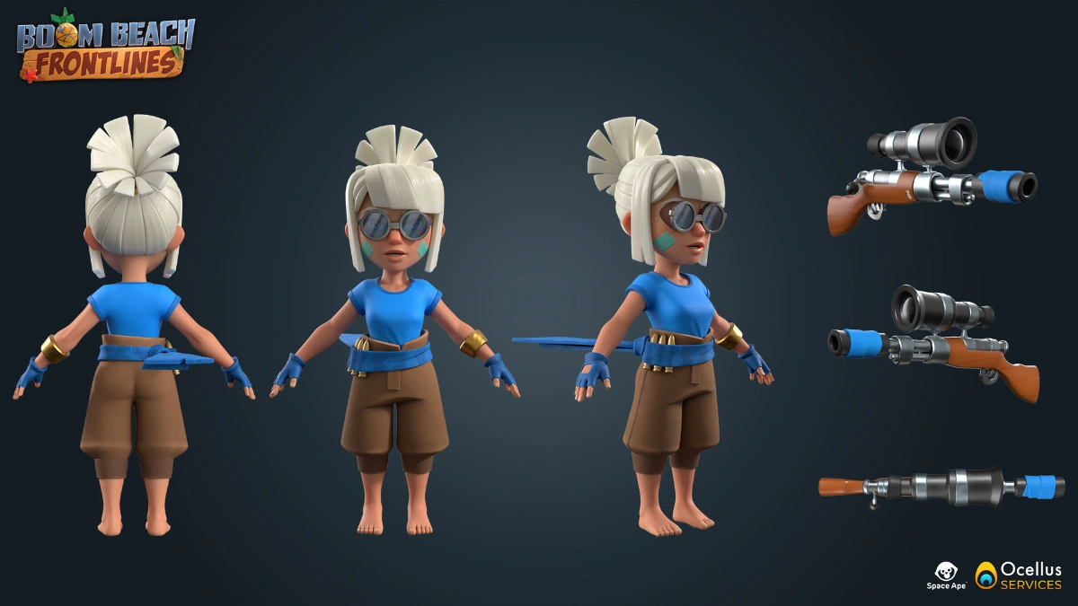Three sides of the same 3D character in a cartoon style. 