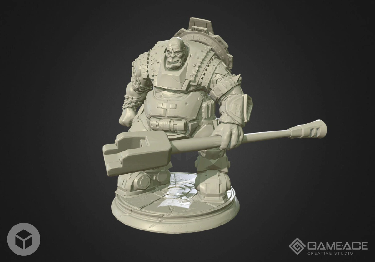 A 3D modeled mini figure of an orc in a mech suit. 