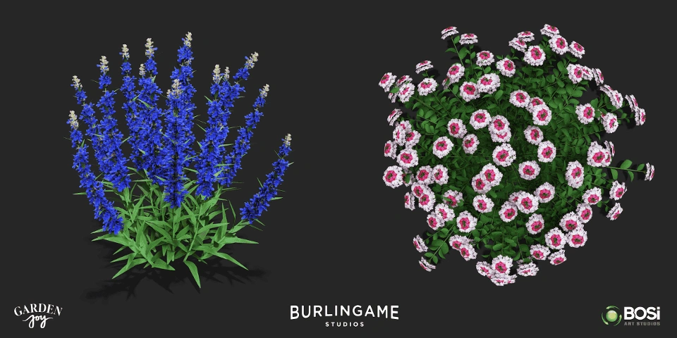 Two different 3D models of realistic garden flowers.