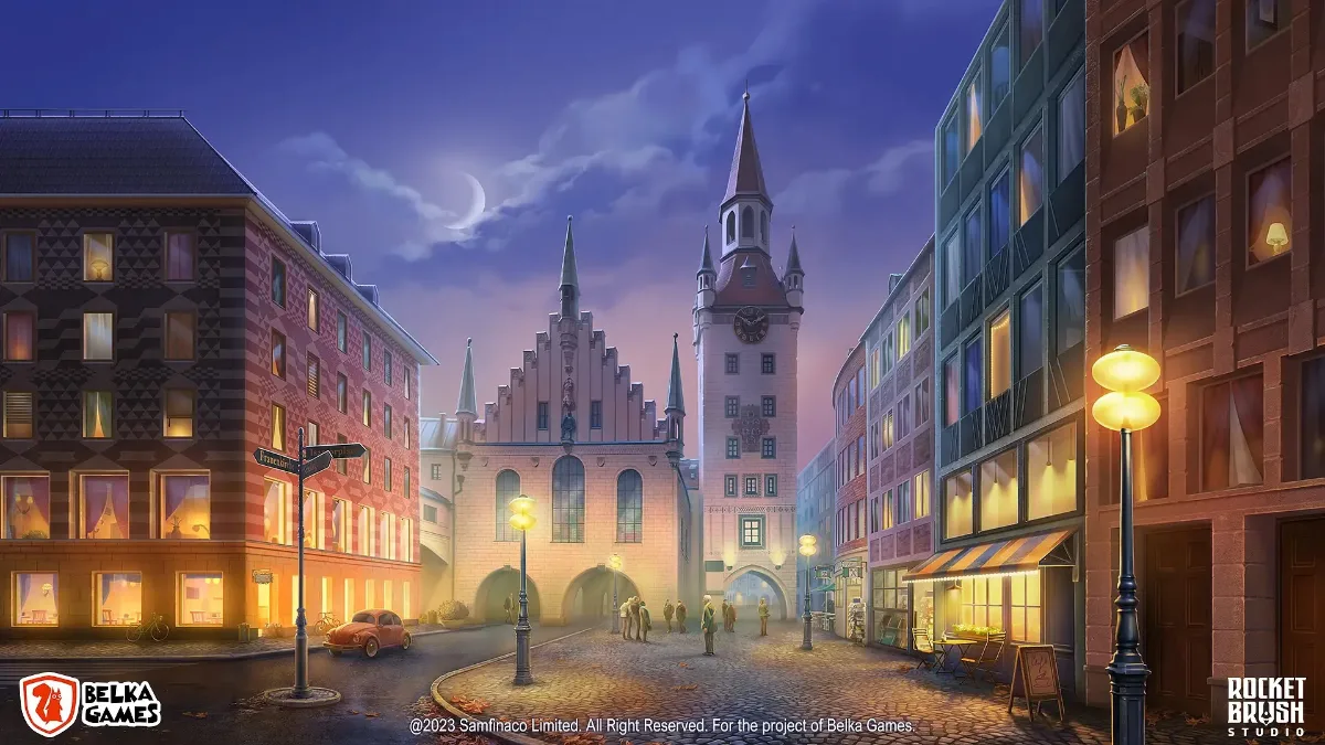 A painterly image of a city street at night.