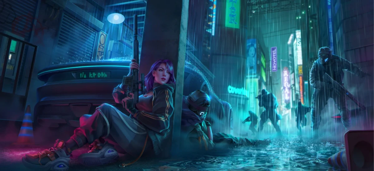 A cinematic, painterly game art that includes the character and the environment. 