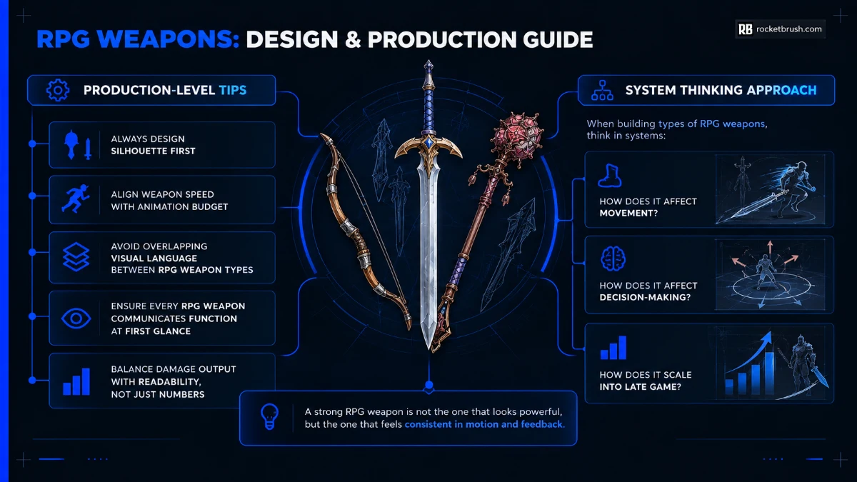 An infographic depicting production tips for RPG weapons.