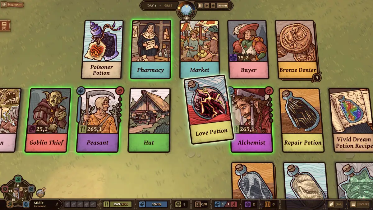 Ways of Alchemy medieval alchemist workshop with hand-drawn illustrations, potion cards, and a dark fantasy atmosphere.