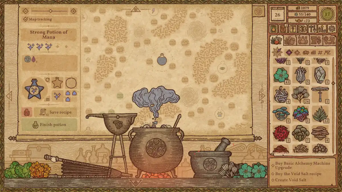 Potion Craft: Alchemist Simulator showing a medieval workshop, potion bottles, herbs, and a hand-drawn alchemy map.