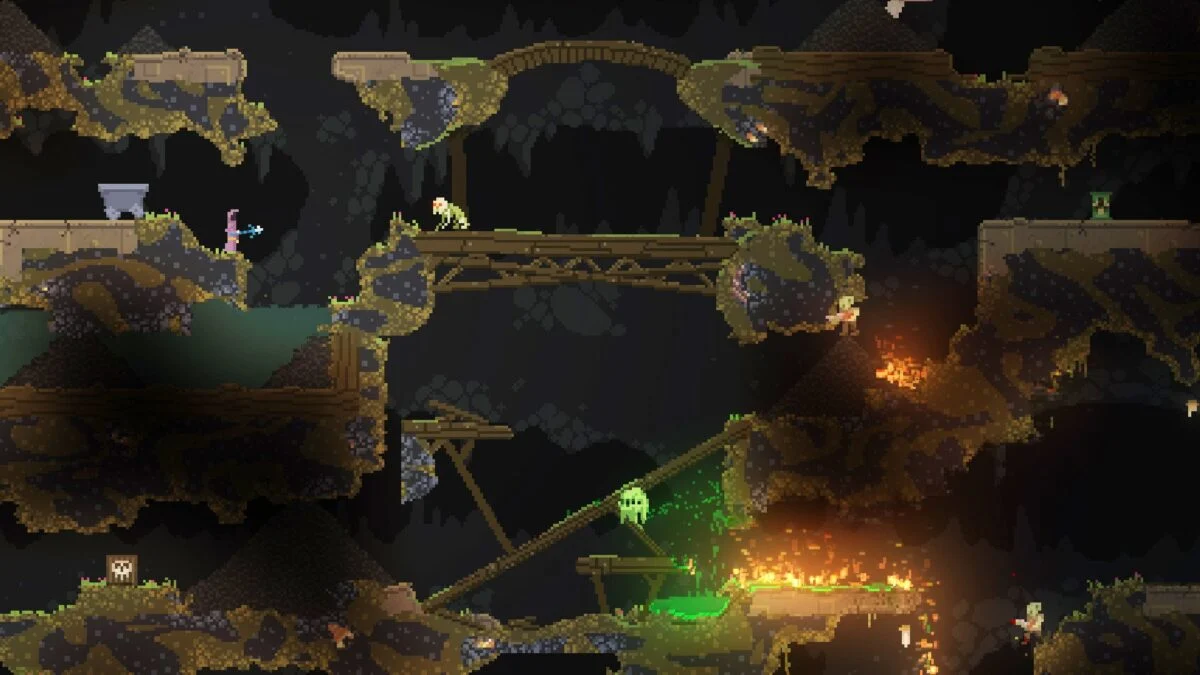 Noita pixel-art cavern with a spellcasting character, destructible terrain, and colorful magical effects.